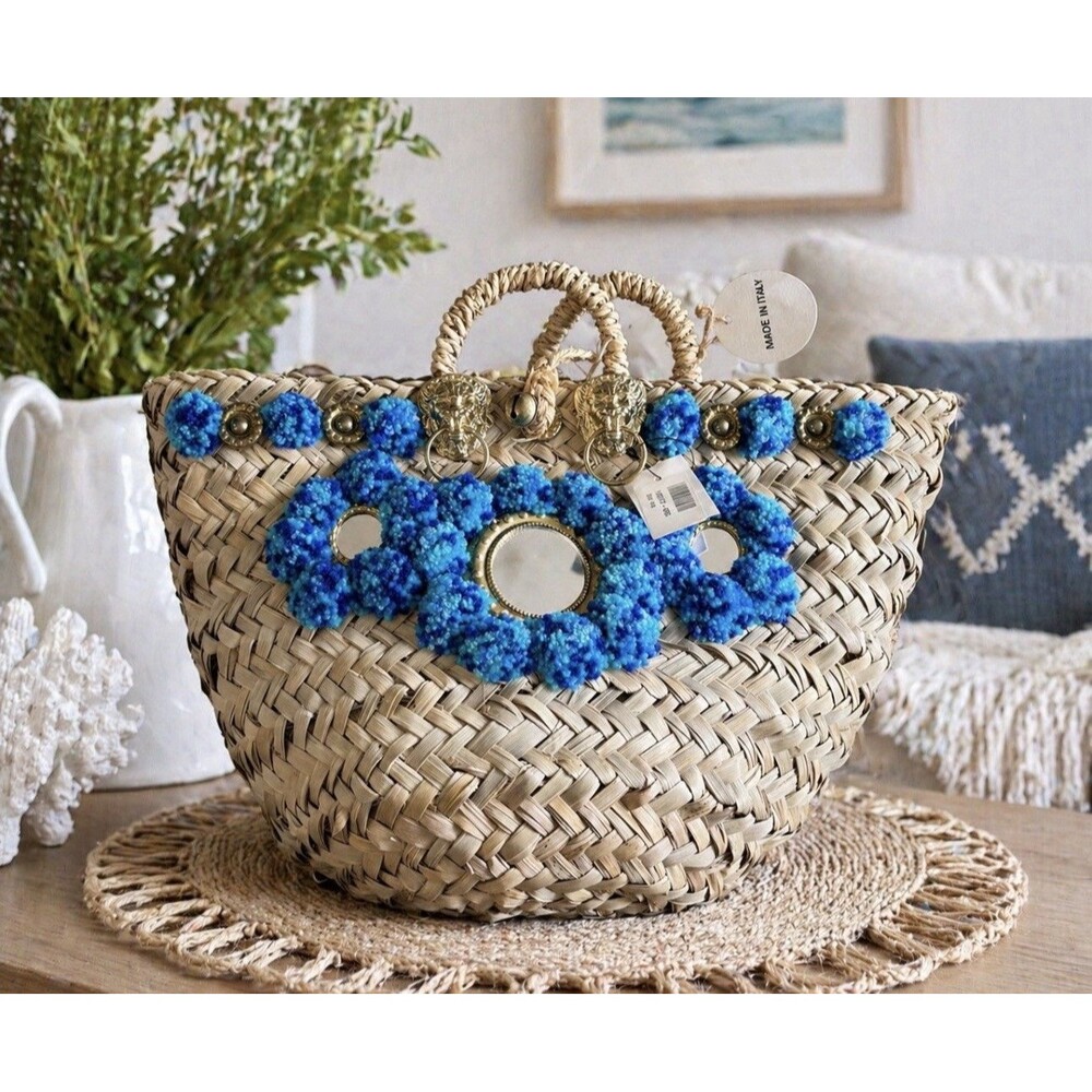 Sicily Italian Lion Head Mirror Embellished Straw Tote Basket Bag Blue NWT
